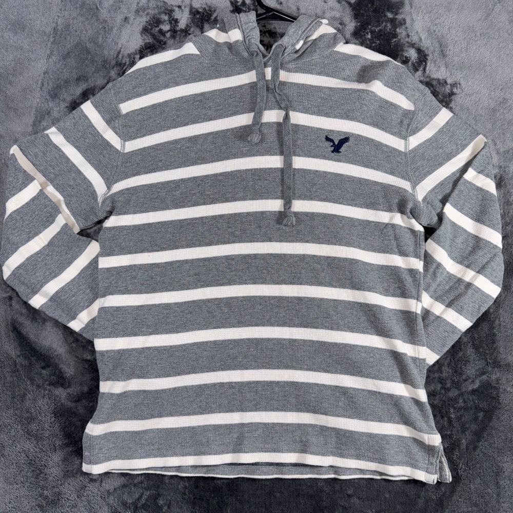 American Eagle Outfitters Mens Medium Grey White Striped‎ Thermal Waffle Hoodie